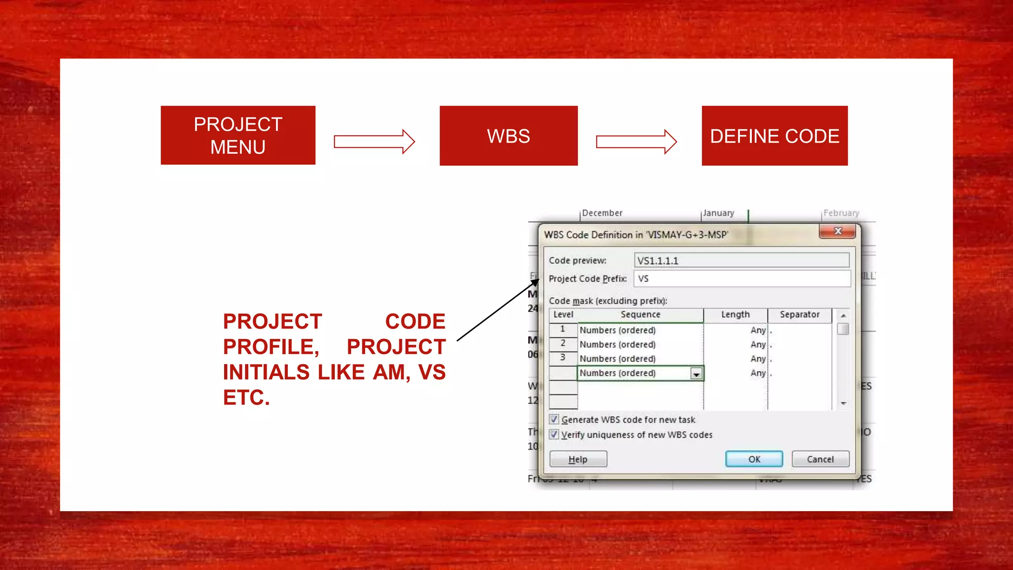 WBS
PROJECT
MENU
DEFINE CODE
PROJECT CODE
PROFILE, PROJECT
INITIALS LIKE AM, VS
ETC.
 