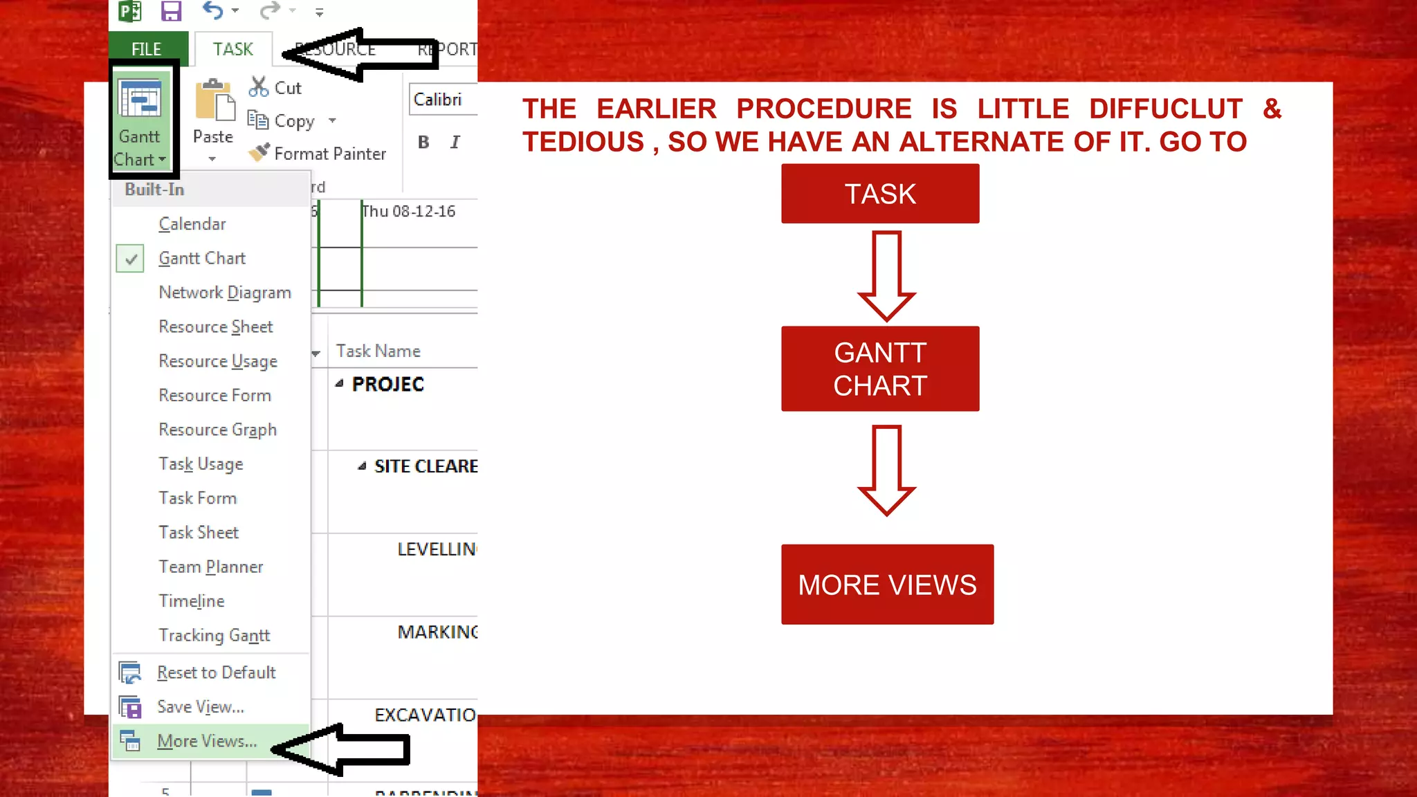 THE EARLIER PROCEDURE IS LITTLE DIFFUCLUT &
TEDIOUS , SO WE HAVE AN ALTERNATE OF IT. GO TO
TASK
GANTT
CHART
MORE VIEWS
 