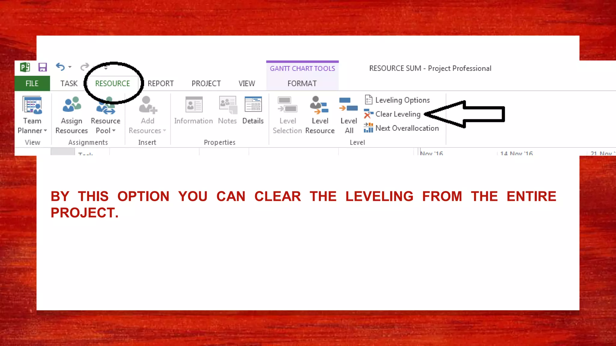 BY THIS OPTION YOU CAN CLEAR THE LEVELING FROM THE ENTIRE
PROJECT.
 