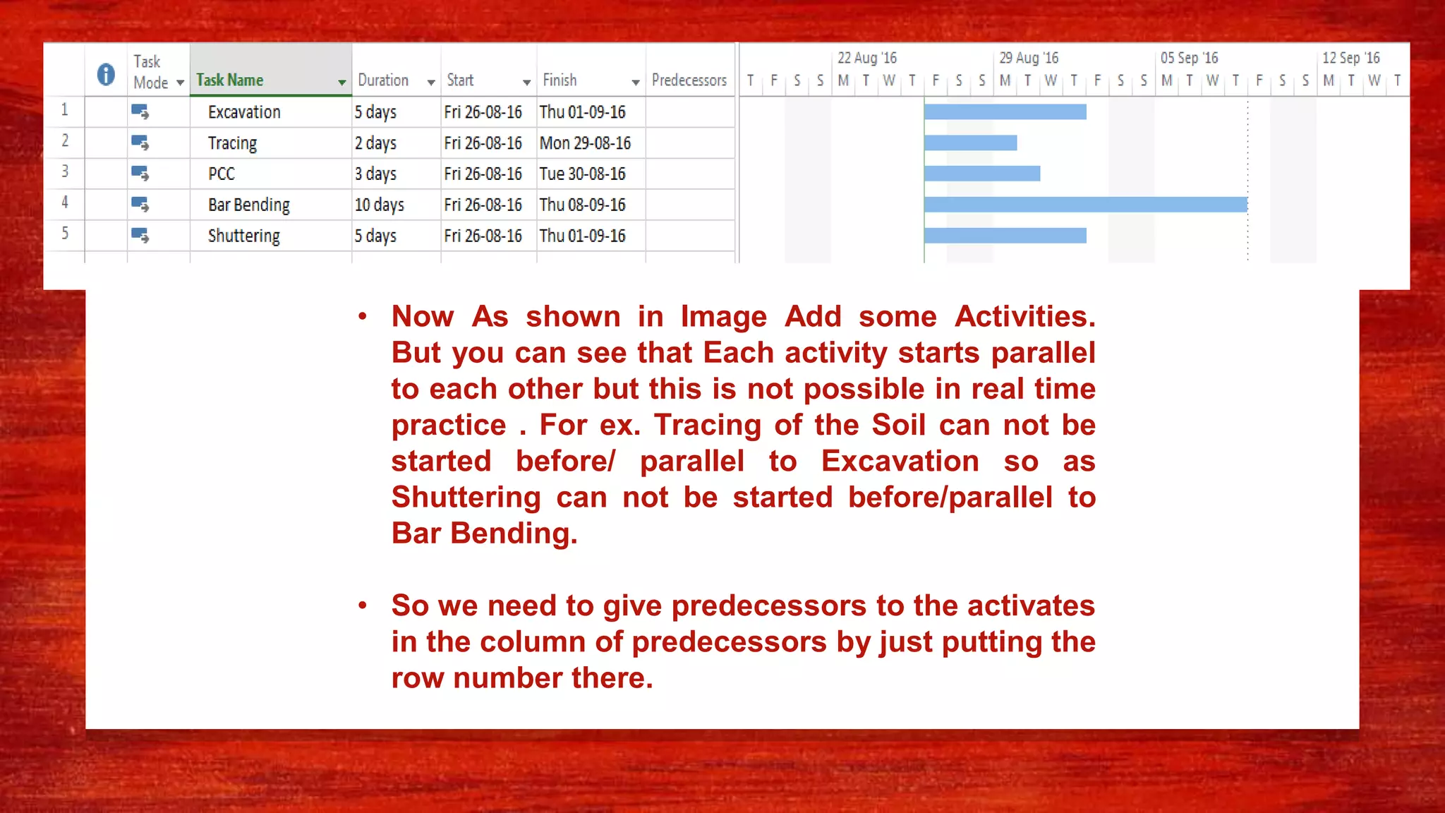 • Now As shown in Image Add some Activities.
But you can see that Each activity starts parallel
to each other but this is not possible in real time
practice . For ex. Tracing of the Soil can not be
started before/ parallel to Excavation so as
Shuttering can not be started before/parallel to
Bar Bending.
• So we need to give predecessors to the activates
in the column of predecessors by just putting the
row number there.
 