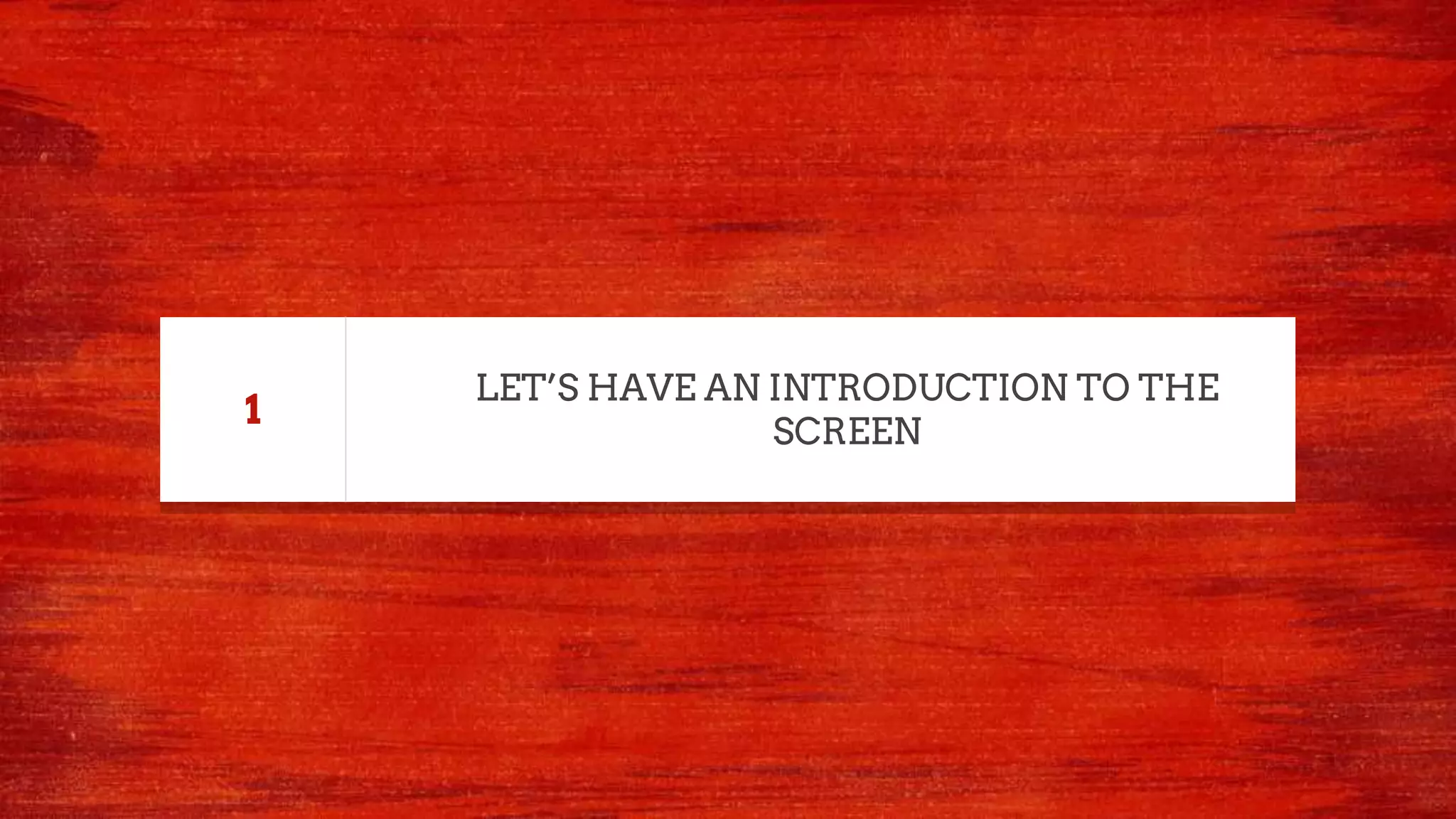 LET’S HAVE AN INTRODUCTION TO THE
SCREEN
1
 