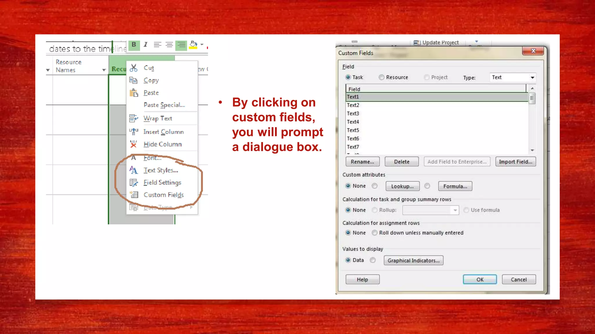 • By clicking on
custom fields,
you will prompt
a dialogue box.
 
