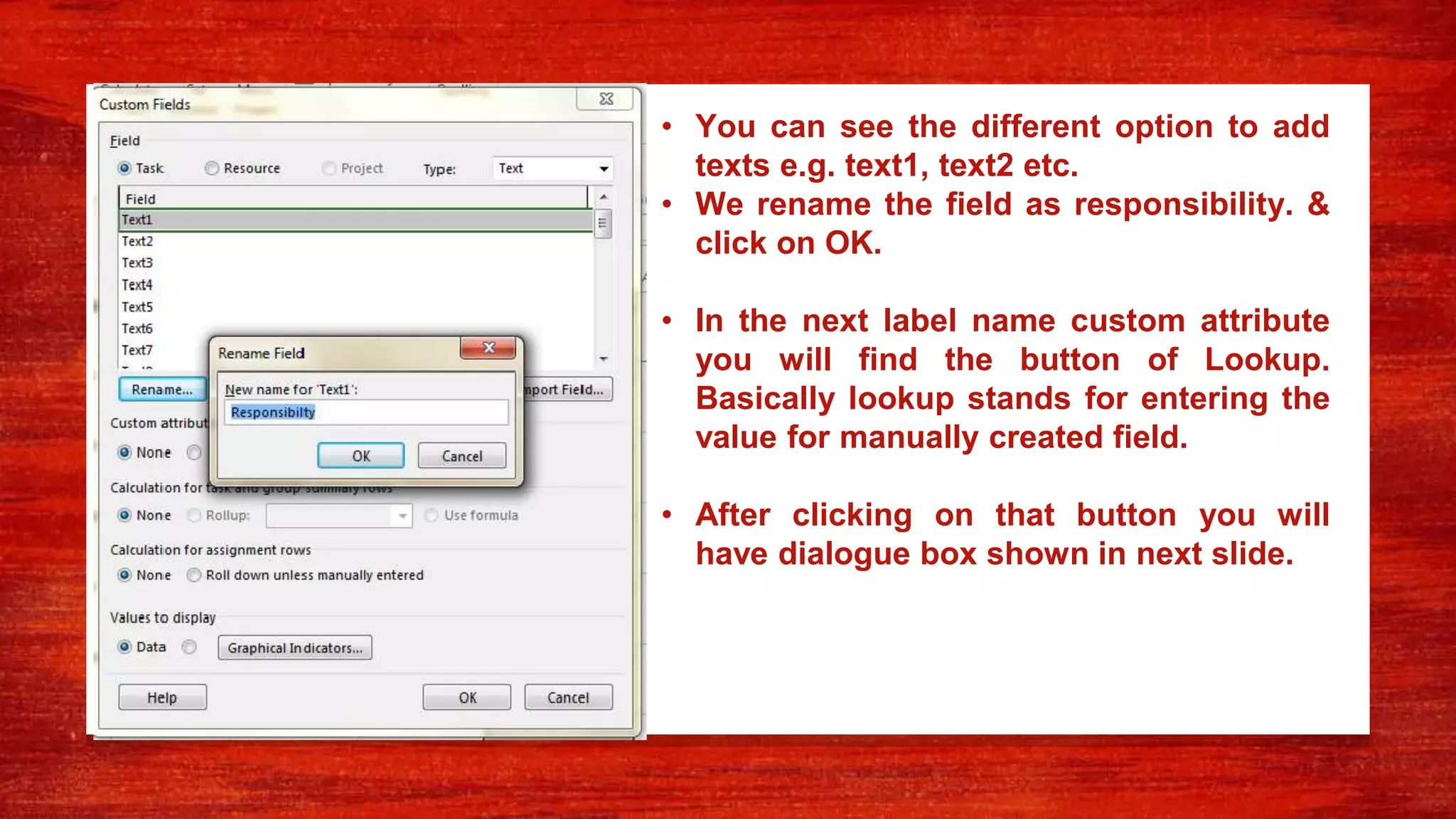 • You can see the different option to add
texts e.g. text1, text2 etc.
• We rename the field as responsibility. &
click on OK.
• In the next label name custom attribute
you will find the button of Lookup.
Basically lookup stands for entering the
value for manually created field.
• After clicking on that button you will
have dialogue box shown in next slide.
 