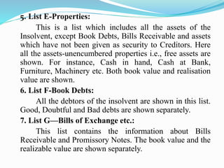 5. List E-Properties:
This is a list which includes all the assets of the
Insolvent, except Book Debts, Bills Receivable and assets
which have not been given as security to Creditors. Here
all the assets-unencumbered properties i.e., free assets are
shown. For instance, Cash in hand, Cash at Bank,
Furniture, Machinery etc. Both book value and realisation
value are shown.
6. List F-Book Debts:
All the debtors of the insolvent are shown in this list.
Good, Doubtful and Bad debts are shown separately.
7. List G—Bills of Exchange etc.:
This list contains the information about Bills
Receivable and Promissory Notes. The book value and the
realizable value are shown separately.
 