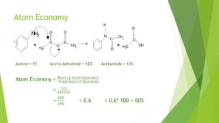 Atom Economy
Aniline = 93 Acetic Anhydride = 120 Acetanilide = 135
Atom Ecomony =
=
= = 0.6 = 0.6* 100 = 60%
  
 