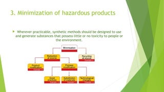 3. Minimization of hazardous products
 Wherever practicable, synthetic methods should be designed to use
and generate substances that possess little or no toxicity to people or
the environment.
 