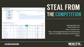 @DANIELBIANCHINI@DANIELBIANCHINI
STEAL FROM
THE COMPETITION
www.semrush.com
https://ahrefs.com/
http://www.pageonepower.com/linkarati/bu
zzsumo-competitor-analysis-content-social-
shares
www.linkdex.com
 