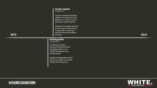 @DANIELBIANCHINI@DANIELBIANCHINI
Mobilegeddon
21st April 2015
2015 2016
Quality Update
3rd May 2015
Google confirmed that they
made core changes to their
algorithm in terms of how it
processes quality signals.
Although the update seemed
to have had a broad impact,
Google didn’t reveal any
specifics about the signals
involved.
In February, Google
announced they would be
expanding their use of
mobile-friendliness as a
ranking signal.
Dubbed Mobilegeddon by the
press, the update was much
smaller than expected.
 