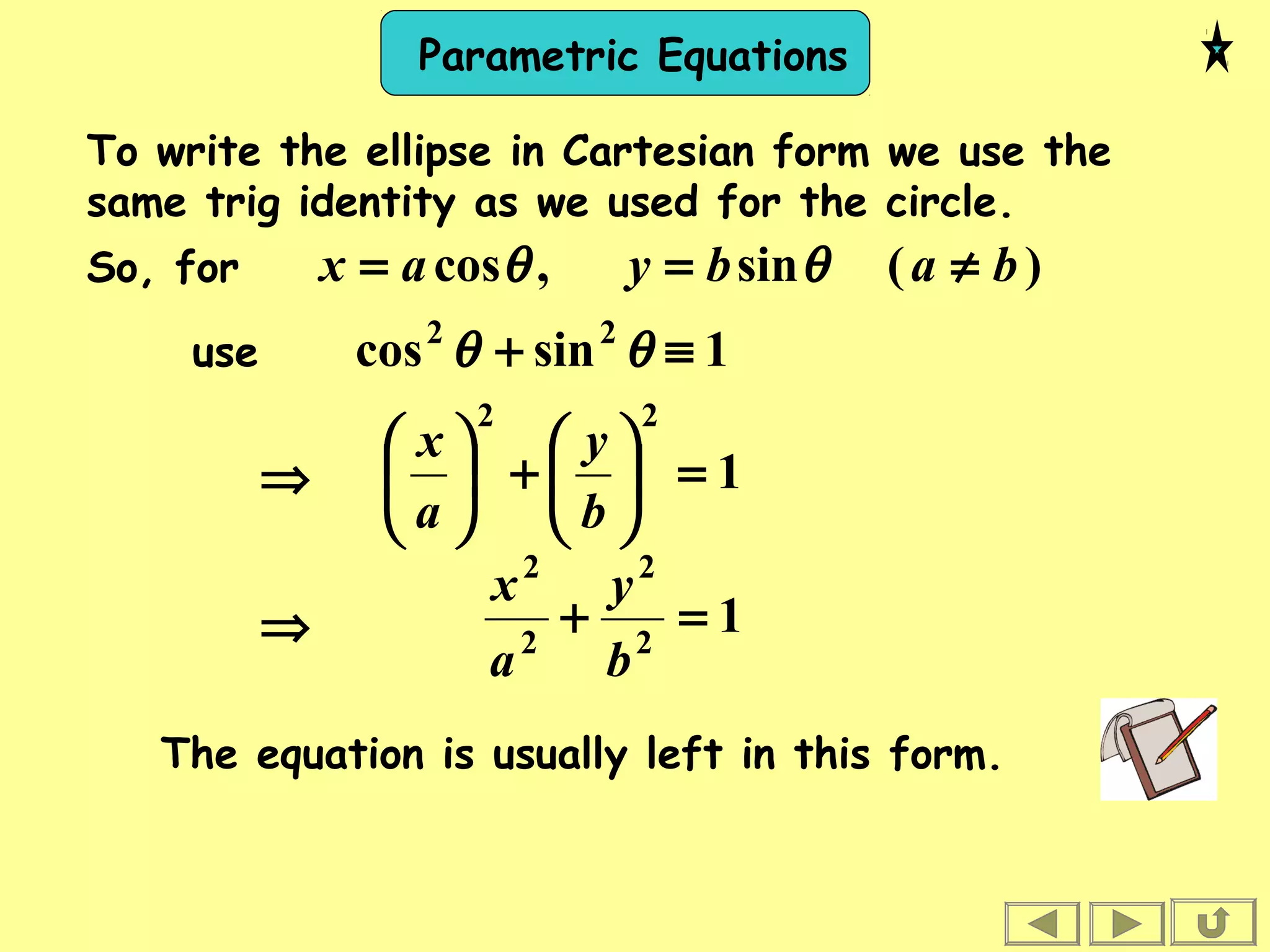Parametric Equations
To write the ellipse in Cartesian form we use the
same trig identity as we used for the circle.
)(sin,cos babyax ≠== θθSo, for
use 1sincos 22
≡+ θθ
12
2
2
2
=+
b
y
a
x
⇒
1
22
=





+





b
y
a
x
⇒
The equation is usually left in this form.
 