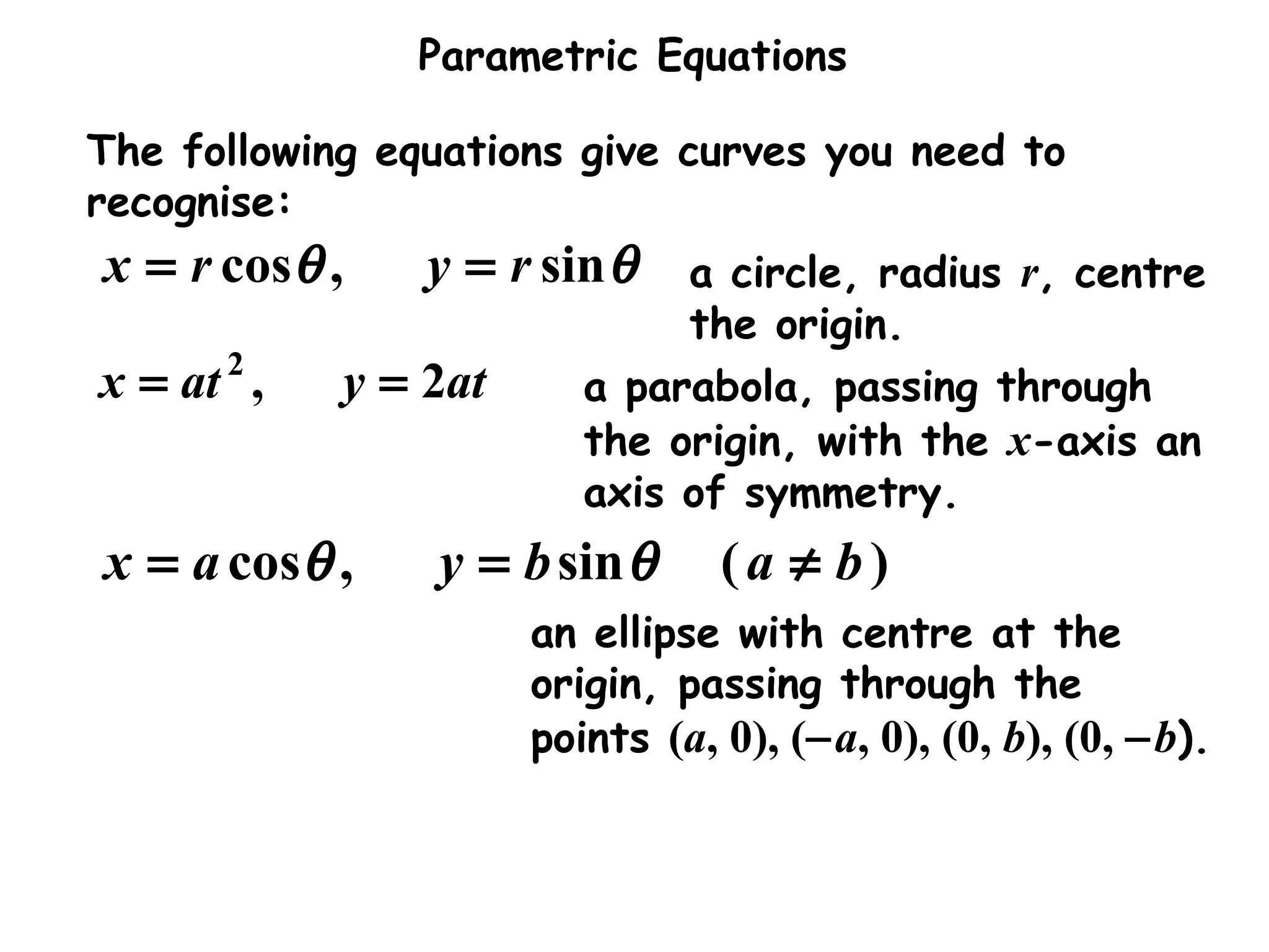Parametric Equations
The following equations give curves you need to
recognise:
θθ sin,cos ryrx ==
atyatx 2,2
==
)(sin,cos babyax ≠== θθ
a circle, radius r, centre
the origin.
a parabola, passing through
the origin, with the x-axis an
axis of symmetry.
an ellipse with centre at the
origin, passing through the
points (a, 0), (−a, 0), (0, b), (0, −b).
 