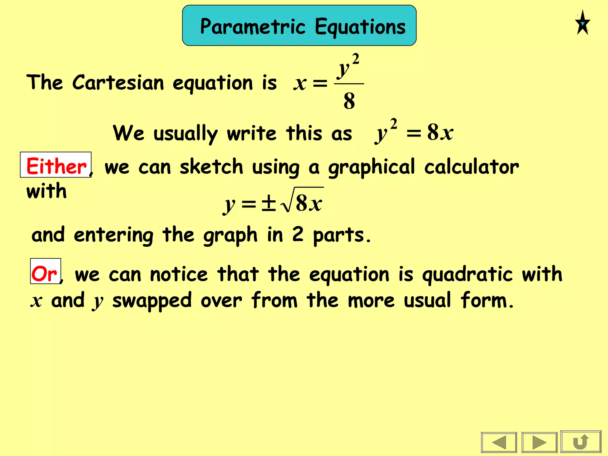 Parametric Equations
The Cartesian equation is
8
2
y
x =
We usually write this as xy 82
=
Either, we can sketch using a graphical calculator
with
xy 8±=
and entering the graph in 2 parts.
Or, we can notice that the equation is quadratic with
x and y swapped over from the more usual form.
 