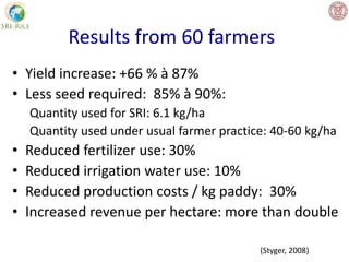 Results from 60 farmers
• Yield increase: +66 % à 87%
• Less seed required: 85% à 90%:
Quantity used for SRI: 6.1 kg/ha
Qu...