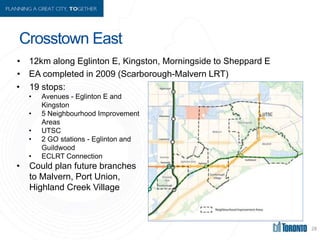 Crosstown East
• 12km along Eglinton E, Kingston, Morningside to Sheppard E
• EA completed in 2009 (Scarborough-Malvern LR...
