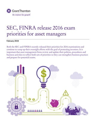 SEC, FINRA release 2016 exam
priorities for asset managers
February 2016
Both the SEC and FINRA recently released their priorities for 2016 examinations and
continue to ramp up their oversight efforts with the goal of protecting investors. It is
important that asset management firms review and update their policies, procedures and
business activities to reflect both sets of priorities so they can strengthen business practices
and prepare for potential exams.
110011010110011101001001001010111010000101110010100100101010000000010111001
 