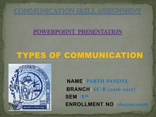TYPES OF COMMUNICATION
NAME: PARTH PANDYA
BRANCH: EC-B (2016-2017)
SEM: 1st
ENROLLMENT NO: 160210111075
 