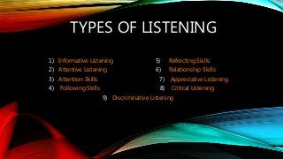 TYPES OF LISTENING
1) Informative Listening 5) Refrecting Skills
2) Attentive Listening 6) Relationship Skills
3) Attention Skills 7) Appreciative Listening
4) Following Skills 8) Critical Listening
9) Discriminative Listening
 
