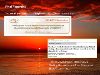 Final Reporting
You are all welcome Register at: http://www.seurat-1.eu/
Horizon 2020 project: EUToxRisk21
Starting this autumn will continue what
SEURAT-1 started.
 