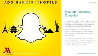 UNDERSTAND TODAY. SHAPE TOMORROW.Source:
Marriott - Snapchat
Campaign
Marriott has teamed up with four inﬂuencers for
their three-month campaign which are going to
create a two-way conversation with users.
Inﬂuencers will share a list of cities with the
audience, and after spotting the winner, they will
travel to those and create content together with
Marriott hotels.
Due to Snapchat’s nature, the videos have been
accessible only 24h. To avoid the videos getting lost,
Snapchat re-purposed some of them for other
channels such as Facebook or Twitter.
29Source: http://skift.com/2014/12/17/marriotts-new-snapchat-campaign-is-a-ﬁrst-for-hotel-bra
LHBS // SNAPSHOT: INFLUENCER MARKETING VIDEO CONTENT
 