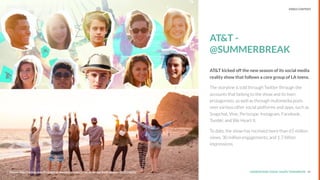 UNDERSTAND TODAY. SHAPE TOMORROW.Source:
AT&T -
@SUMMERBREAK
AT&T kicked off the new season of its social media
reality show that follows a core group of LA teens.
The storyline is told through Twitter through the
accounts that belong to the show and its teen
protagonists, as well as through multimedia posts
over various other social platforms and apps, such as
Snapchat, Vine, Periscope, Instagram, Facebook,
Tumblr, and We Heart It.
To date, the show has received more than 65 million
views, 30 million engagements, and 1.7 billion
impressions.
34
LHBS // SNAPSHOT: INFLUENCER MARKETING VIDEO CONTENT
Source: http://variety.com/2015/digital/news/att-summerbreak-periscope-third-sesason-1201522050/
 