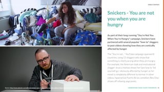 UNDERSTAND TODAY. SHAPE TOMORROW.Source:
REPORT TITLE // IMPLICATIONS.
Snickers - You are not
you when you are
hungry
As part of their long-running "You're Not You
When You're Hungry" campaign, Snickers have
partnered with several popular "how-to" vloggers
to post videos showing how they are comically
affected by hunger.
The "You're not…” YouTube campaign spanned 8
countries, using 13 vloggers who show that
something is clearly wrong when they are hungry.
For example, the American style and motivational
vlogger Jessica Harlow shows her fans how to "let
yourself go," obviously affected by hunger as her
mood is completely different to normal. In other
videos, hyperactive Puerto Rican comedian Alex Diaz
shows off relaxing yoga poses.
38Source: http://www.adweek.com/adfreak/snickers-got-vloggers-post-terrible-videos-if-they-recorded-them-hungry-163966
LHBS // SNAPSHOT: INFLUENCER MARKETING VIDEO CONTENT
 
