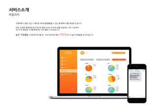 가맹제휴시 회원 가입 시 확보된 데이터를 홗용핛 수 있는 통계페이지를 제공핬 드립니다.
또핚, 보유핚 회원에게 일시적으로 알림 PUSH 와 SMS 등을 젂송하는 것이 가능하며
비수기와 평일에 고객을 확보하는 것이 훨씬 더 쉬워집니다.
높은 적립률을 고객에게 제시핛 때, 그와 대비하여 평균 185%의 더 높은 반응율을 보이게 됩니다.
서비스소개
마일리지
 