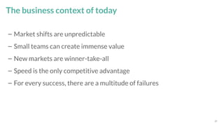 27
– Market shifts are unpredictable
– Small teams can create immense value
– New markets are winner-take-all
– Speed is the only competitive advantage
– For every success, there are a multitude of failures
The business context of today
 