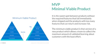 *Source: 48
MVP
Minimal Viable Product
It is the sweet spot between products without
the required features that fail immediately
when shipped and the products with too many
features that cut return and increase risk. 
 
The minimum viable product is that version of a
new product which allows a team to collect the
maximum amount of validated learning about
customers with the least effort.
Place your link here
 