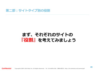 Copyright©2007-2016 Nyle Inc. All Rights Reserved. Tel：03-6409-6766 お問い合わせ：http://ml.seohacks.net/semnarpdfConfidential
第二部：SEOの取組みケーススタディ
～失敗事例と成功事例～
【解説】
49
 