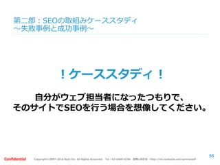 Copyright©2007-2016 Nyle Inc. All Rights Reserved. Tel：03-6409-6766 お問い合わせ：http://ml.seohacks.net/semnarpdfConfidential
第二部：まとめ及び質疑応答
単に上手くいってるサイトの構造だけ
真似てみてもうまくいきません
55
 