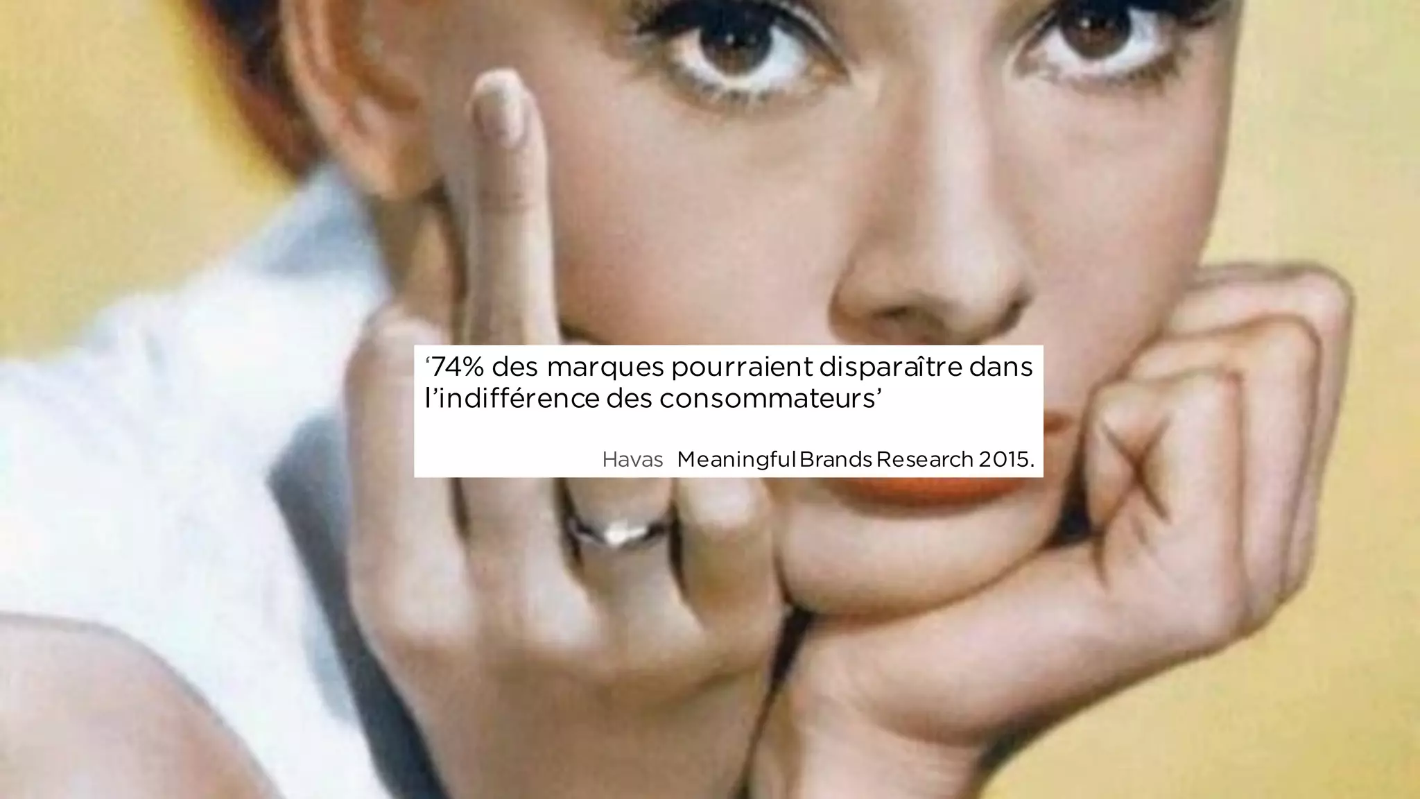 ‘74% des marques pourraient disparaître dans
l’indifférence des consommateurs’
Havas MeaningfulBrandsResearch 2015.
 