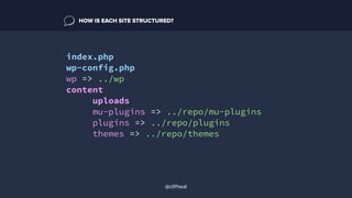 index.php
wp-config.php
wp => ../wp
content
uploads
mu-plugins => ../repo/mu-plugins
plugins => ../repo/plugins
themes => ../repo/themes
HOW IS EACH SITE STRUCTURED?
@cliffseal
 