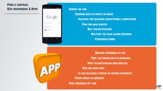 PRÓS E CONTRAS:
SITE RESPONSIVO X APPS SEMPRE ON-LINE
PODE FUNCIONAR OFF-LINE
CONSOME MAIS DO PACOTE DE DADOS
OCUPA ESPAÇO NA MEMÓRIA
ACESSÍVEL POR QUALQUER SMARTPHONE E COMPUTADOR
SÓ EM CELULARES E PRECISA DE VERSÕES DIFERENTES
PODE SER MAIS BARATO
PODE SER MAIS CARO
NÃO PODE TER USAR ALGUNS RECURSOS
PODE TER FUNÇÕES MAIS ELABORADAS
NÃO TEM NOTIFICAÇÕES
PODE TER NOTIFICAÇÕES BEM EFICAZES
MELHOR EXPERIÊNCIA DE USO
EXPERIÊNCIA POBRE
 