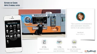 ESTUDO DE CASOS  
APPS X MOBILE SITES
"OS CLIENTES ECONOMIZAM E
NÓS GANHAMOS DINHEIRO,
ENTÃO É UM GANHA-GANHA"
MAIS VENDAS MAIS CLIENTES  
QUE RETORNAM
DE USO DE CARTÃO
FIDELIDADE
 