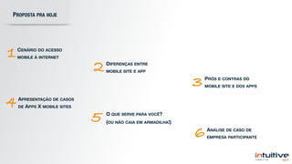 PROPOSTA PRA HOJE
CENÁRIO DO ACESSO
MOBILE À INTERNET
ANÁLISE DE CASO DE
EMPRESA PARTICIPANTE
O QUE SERVE PARA VOCÊ? 

(OU NÃO CAIA EM ARMADILHA!)
APRESENTAÇÃO DE CASOS
DE APPS X MOBILE SITES
PRÓS E CONTRAS DO
MOBILE SITE E DOS APPS
DIFERENÇAS ENTRE
MOBILE SITE E APP
1
2
3
4
5
6
 