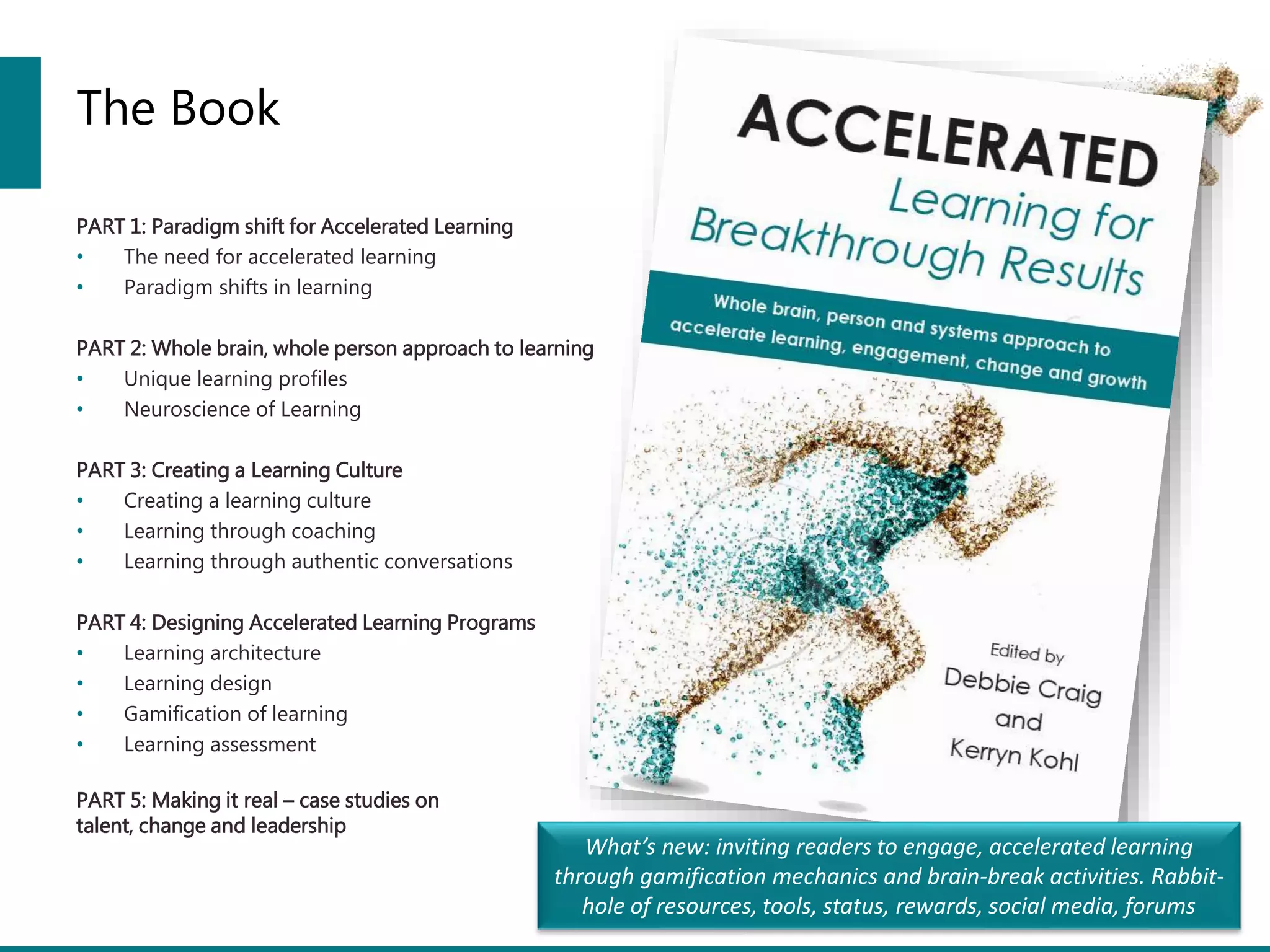 The Book
PART 1: Paradigm shift for Accelerated Learning
• The need for accelerated learning
• Paradigm shifts in learning
PART 2: Whole brain, whole person approach to learning
• Unique learning profiles
• Neuroscience of Learning
PART 3: Creating a Learning Culture
• Creating a learning culture
• Learning through coaching
• Learning through authentic conversations
PART 4: Designing Accelerated Learning Programs
• Learning architecture
• Learning design
• Gamification of learning
• Learning assessment
PART 5: Making it real – case studies on
talent, change and leadership
2
What’s new: inviting readers to engage, accelerated learning
through gamification mechanics and brain-break activities. Rabbit-
hole of resources, tools, status, rewards, social media, forums
 