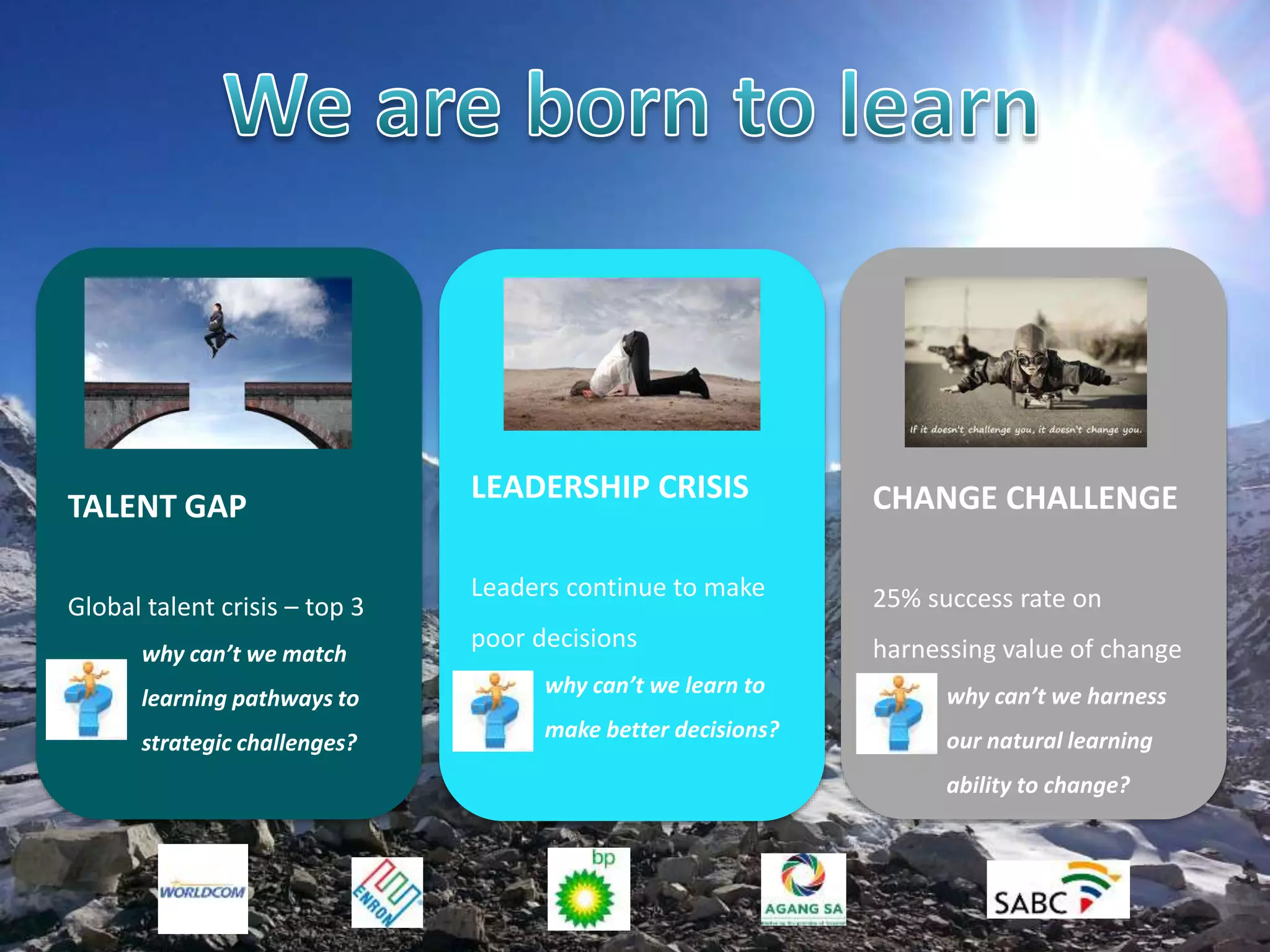 ACCELERATED
© Debbie Craig & Kerryn Kohl
CHANGE CHALLENGE
25% success rate on
harnessing value of change
why can’t we harness
our natural learning
ability to change?
LEADERSHIP CRISIS
Leaders continue to make
poor decisions
why can’t we learn to
make better decisions?
TALENT GAP
Global talent crisis – top 3
why can’t we match
learning pathways to
strategic challenges?
 