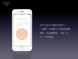 GPSで自分の場所を特定し、
「地震・大規模火災等緊急避難
場所（広域避難地）一覧」の
データを検索。
Operation
Image
 