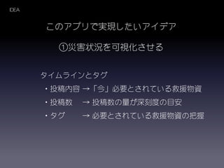 IDEA
このアプリで実現したいアイデア
①災害状況を可視化させる
タイムラインとタグ
・投稿内容 →「今」必要とされている救援物資
・投稿数 → 投稿数の量が深刻度の目安
・タグ → 必要とされている救援物資の把握
 