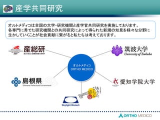 産学共同研究
オルトメディコ
ORTHO MEDICO
オルトメディコは全国の大学・研究機関と産学官共同研究を実施しております。
各専門に秀でた研究機関との共同研究によって得られた新規の知見を様々な分野に
生かしていくことが社会貢献に繋がると私たちは考えております。
 