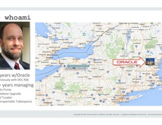 Copyright	
  ©	
  2015,	
  Oracle	
  and/or	
  its	
  aﬃliates.	
  All	
  rights	
  reserved.	
  	
  |	
  
> whoami	
  
years	
  w/Oracle	
  
eviously	
  with	
  DEC	
  Rdb	
  
+	
  years	
  managing	
  
ta	
  Pump	
  
tabase	
  Upgrade	
  
QL*Loader	
  
ansportable	
  Tablespaces	
  
Upgrade	
  and	
  Migrate	
  to	
  Oracle	
  12c	
  -­‐	
  Live	
  and	
  Uncensored
Swonger	
  
 