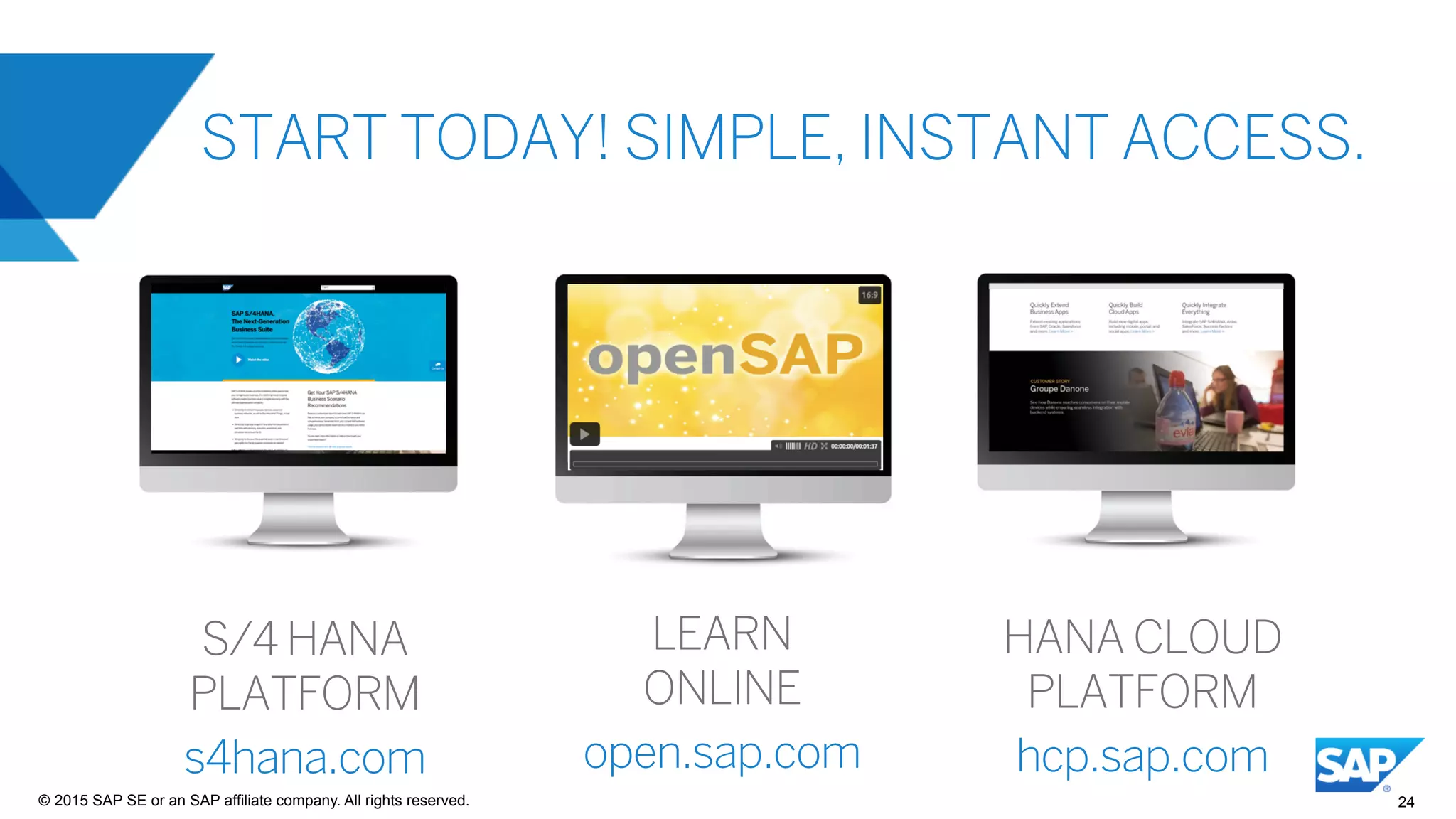 24©  2015 SAP SE or an SAP affiliate company. All rights reserved.
START TODAY! SIMPLE, INSTANT ACCESS.
S/4 HANA
PLATFORM
s4hana.com
LEARN
ONLINE
open.sap.com
HANA CLOUD
PLATFORM
hcp.sap.com
 