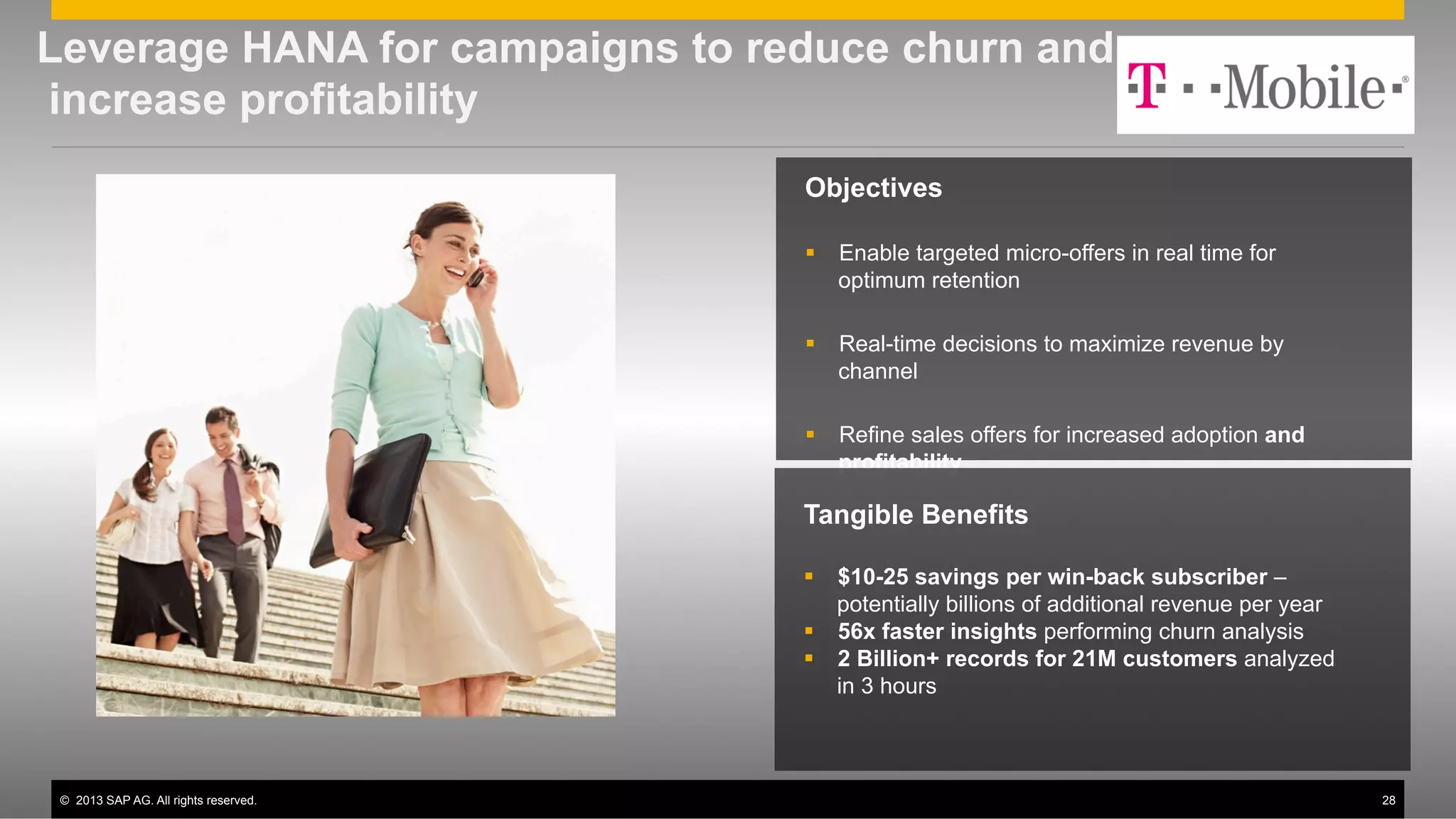 ©  2013 SAP AG. All rights reserved. 28
Leverage HANA for campaigns to reduce churn and
increase profitability
Objectives
§  Enable targeted micro-offers in real time for
optimum retention
§  Real-time decisions to maximize revenue by
channel
§  Refine sales offers for increased adoption and
profitability
Tangible Benefits
§  $10-25 savings per win-back subscriber –
potentially billions of additional revenue per year
§  56x faster insights performing churn analysis
§  2 Billion+ records for 21M customers analyzed
in 3 hours
 