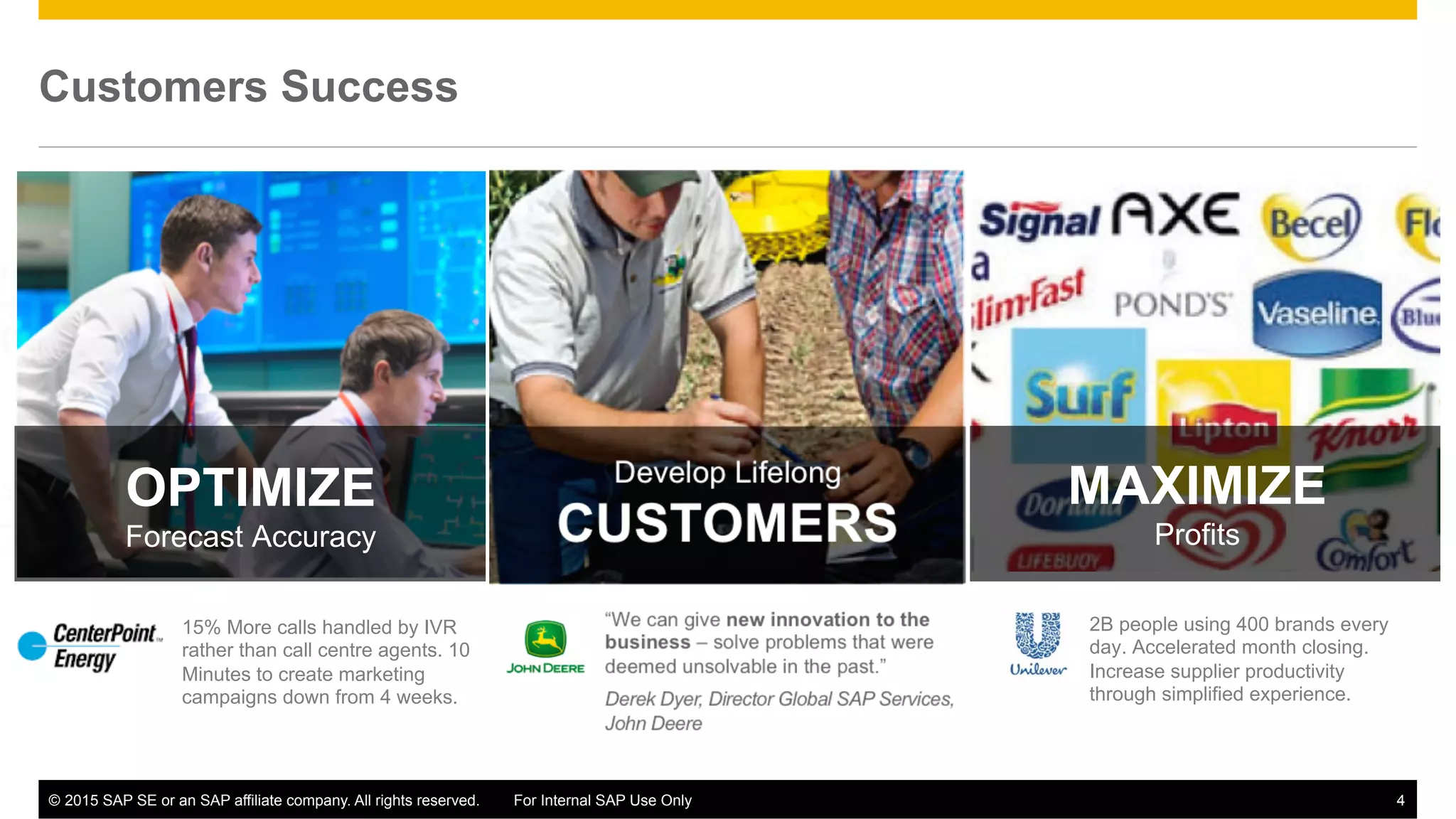 ©  2015 SAP SE or an SAP affiliate company. All rights reserved. For Internal SAP Use Only 4
Customers Success
OPTIMIZE
Forecast Accuracy
INCREASE
Market Share
MAXIMIZE
Profits
15% More calls handled by IVR
rather than call centre agents. 10
Minutes to create marketing
campaigns down from 4 weeks.
50% increase in market share
with greater operational control
2B people using 400 brands every
day. Accelerated month closing.
Increase supplier productivity
through simplified experience.
 