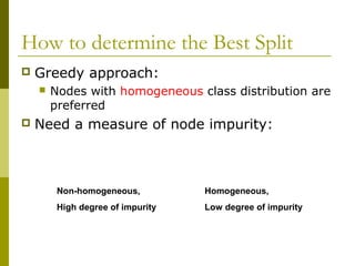 How to determine the Best Split
 Greedy approach:
 Nodes with homogeneous class distribution are
preferred
 Need a measure of node impurity:
Non-homogeneous,
High degree of impurity
Homogeneous,
Low degree of impurity
 