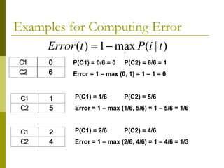 Examples for Computing Error
C1 0
C2 6
C1 2
C2 4
C1 1
C2 5
P(C1) = 0/6 = 0 P(C2) = 6/6 = 1
Error = 1 – max (0, 1) = 1 – 1 = 0
P(C1) = 1/6 P(C2) = 5/6
Error = 1 – max (1/6, 5/6) = 1 – 5/6 = 1/6
P(C1) = 2/6 P(C2) = 4/6
Error = 1 – max (2/6, 4/6) = 1 – 4/6 = 1/3
)|(max1)( tiPtError i
−=
 