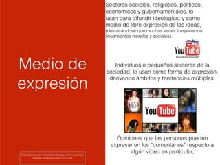 Sectores sociales, religiosos, políticos,
económicos y gubernamentales, lo
usan para difundir ideologías, y como
medio de libre expresión de las ideas,
(destacándose que muchas veces traspasando
lineamientos morales y sociales).
Medio de
expresión
Individuos o pequeños sectores de la
sociedad, lo usan como forma de expresión,
derivando ámbitos y tendencias múltiples.
Opiniones que las personas pueden
expresar en los “comentarios” respecto a
algún video en particular,http://paraquesirven.com/para-que-sirve-youtube/
Fuente: Para qué sirve YouTube
 