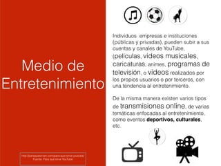 Individuos empresas e instituciones
(públicas y privadas), pueden subir a sus
cuentas y canales de YouTube,
(películas, videos musicales,
caricaturas, animes, programas de
televisión, o videos realizados por
los propios usuarios o por terceros, con
una tendencia al entretenimiento.
De la misma manera existen varios tipos
de transmisiones online, de varias
temáticas enfocadas al entretenimiento,
como eventos deportivos, culturales,
etc.
Medio de
Entretenimiento
http://paraquesirven.com/para-que-sirve-youtube/
Fuente: Para qué sirve YouTube
 