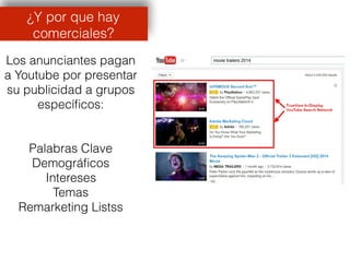 Los anunciantes pagan
a Youtube por presentar
su publicidad a grupos
especíﬁcos:
Palabras Clave
Demográﬁcos
Intereses
Temas
Remarketing Listss
¿Y por que hay
comerciales?
 