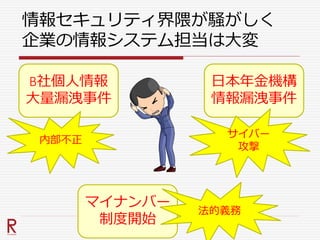 情報セキュリティ界隈が騒がしく
企業の情報システム担当は大変
B社個人情報
大量漏洩事件
日本年金機構
情報漏洩事件
マイナンバー
制度開始
内部不正
サイバー
攻撃
法的義務
 