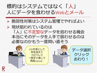 標的はシステムではなく「人」
人にデータを食わせるWebとメール
 脆弱性対策はシステム管理でやればよい
 現状狙われているのは
「人」に不定型なデータを拾わせる機会
本当にそのデータを人手で扱わせるのは
必要なのかもう一度問い直そう
CSVを落として
列を加えて
コピペして
一部手で直して
再度Upload…
データ選択
クリック
おわり！
 